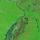 Flood waters appear in blue and black; forested areas are green; fields without vegetation are in brown. (Image: NASA Earth Observatory images by Joshua Stevens, using MODIS data from LANCE/EOSDIS Rapid Response)